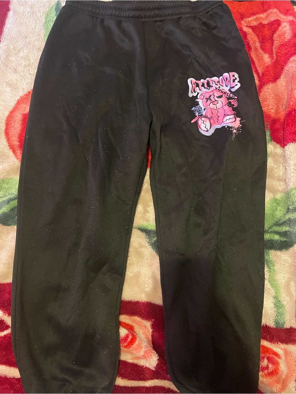 SHEIN Black Joggers with Pink Bear Graphic